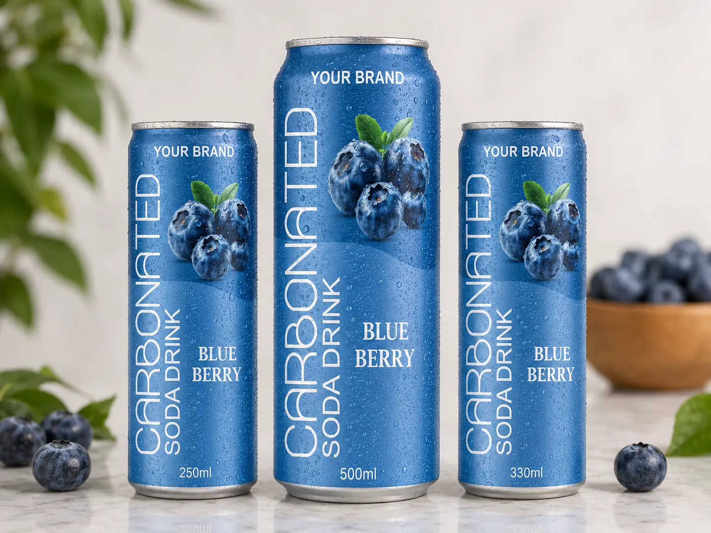 CARBONATED SODA DRINK Blue Berry flavour in 250ml, 500ml and 330ml cans.